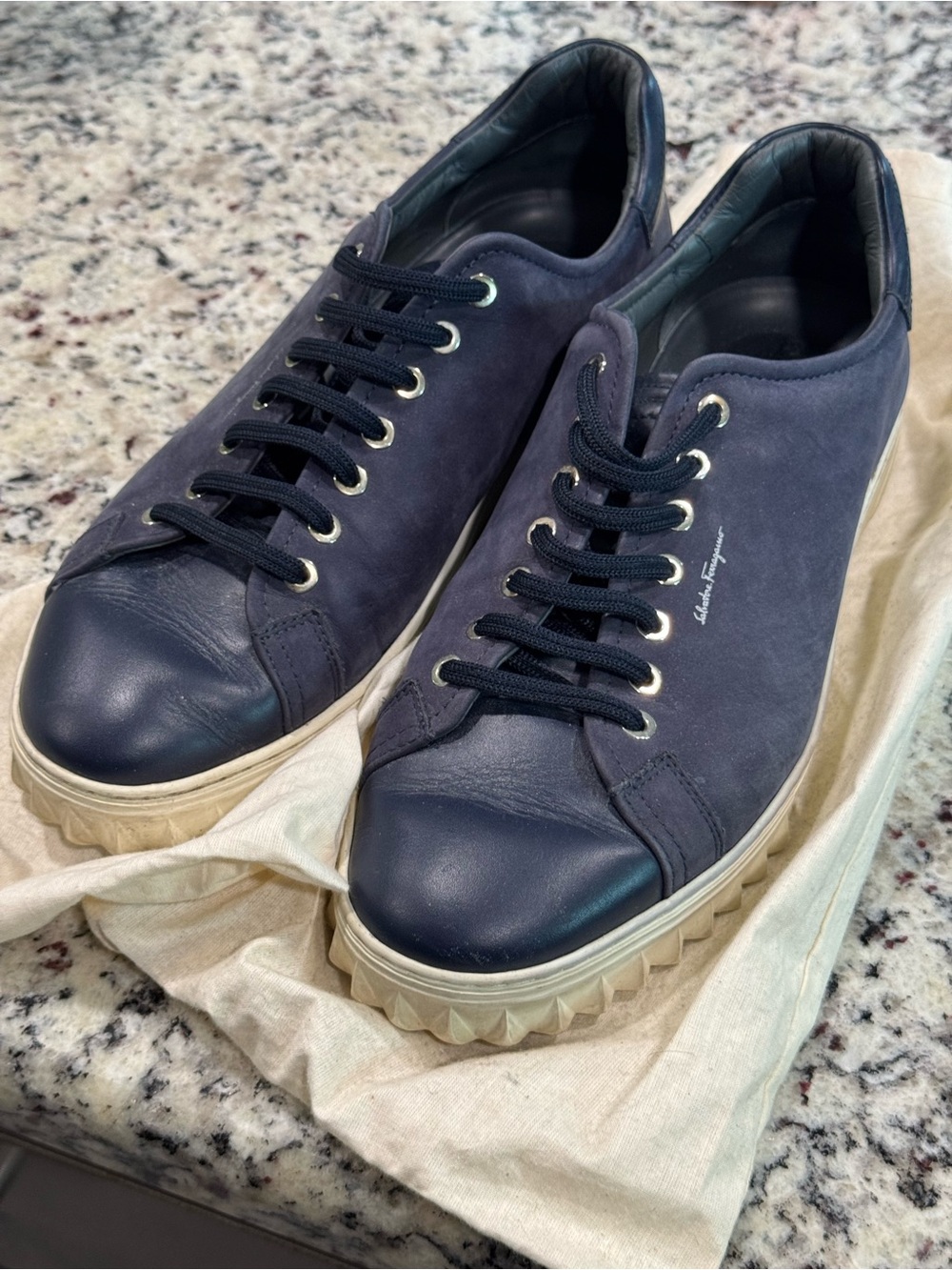 Salvatore Ferragamo Navy Suede & Leather Low-Top Sneakers